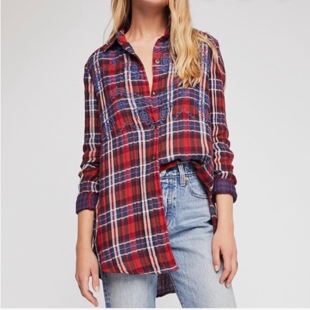 Free People Magical Plaid embroidered button-down top, Size XS
